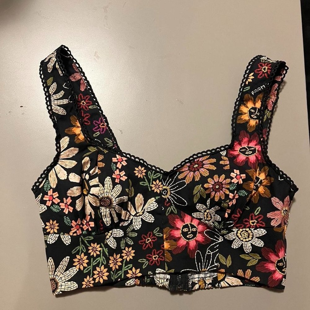 Farm Rio Cropped Tank Floral Face Lace Pattern Shirt